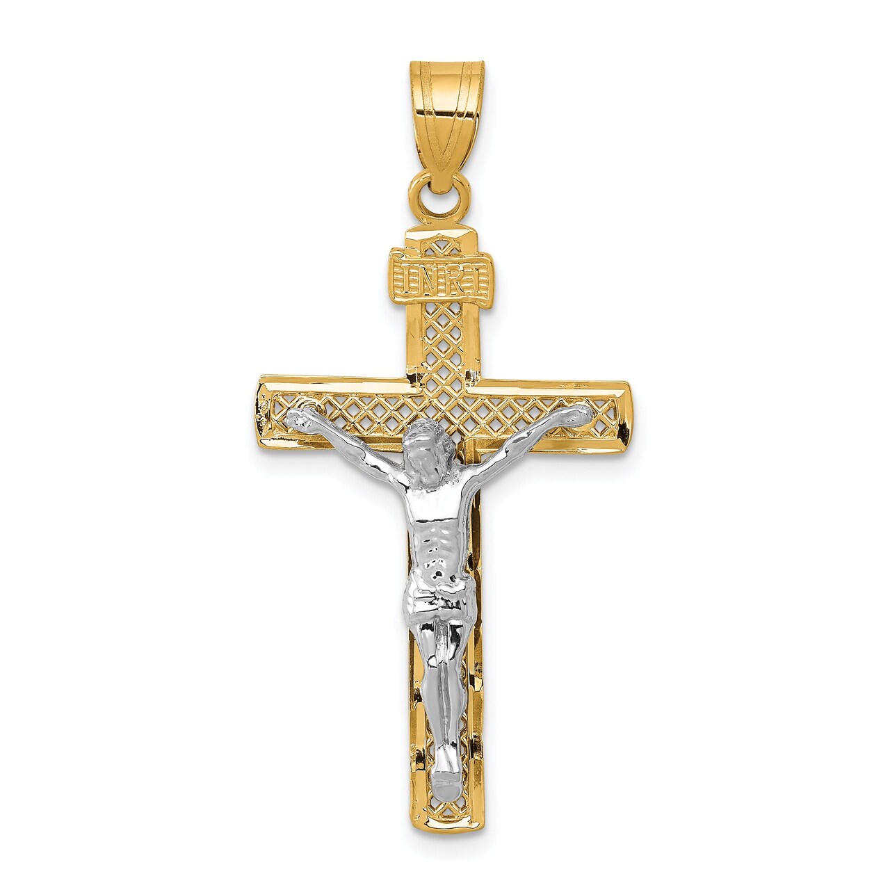 14K Two Tone Gold Diamond Cut Cross Crucifix Pendant Charm Jewelry 42 x 21 mm